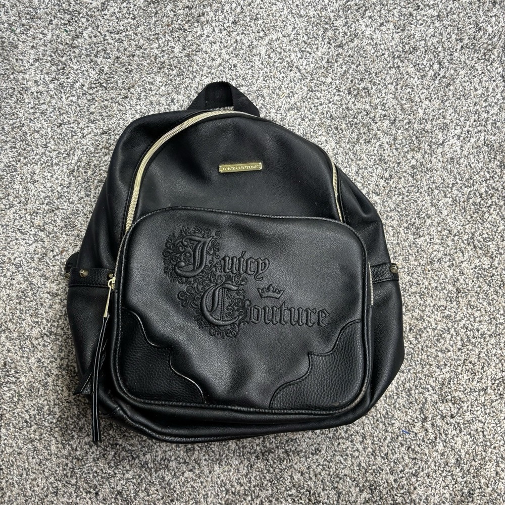Juicy Couture Large Black Logo Faux Leather Backpack Medium Zip 2 Strap